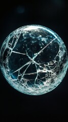 Fototapete - Cracked glass orb emitting soft glow against a pitchblack background The intricate patterns of the shattered glass create a captivating texture highlighting the beauty found in broken objects