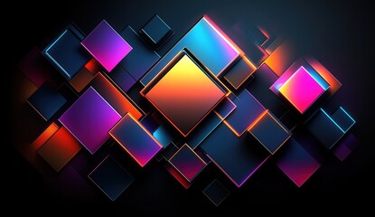 Poster - Vibrant Neon Squares: Abstract Geometric Design in Vivid Colors, Glowing Shapes, Digital Art,  Modern Wallpaper,  Intricate 3D Render