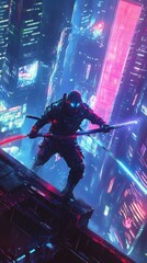 Fototapete - Cybersamurai glowing armor and a techenhanced katana faces off in a neonlit rooftop battle in the heart of a futuristic cyberpunk city vibrant neon colors illuminating the night