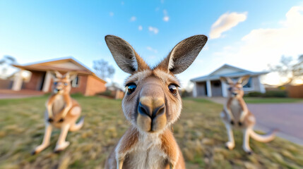 Wall Mural - Curious kangaroos near suburban homes, sunset