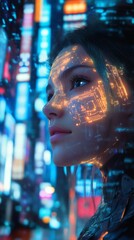 Poster - Cyberpunk cyborg girl glowing circuit patterns on her skin scanning the horizon with a determined look amidst towering holographic billboards