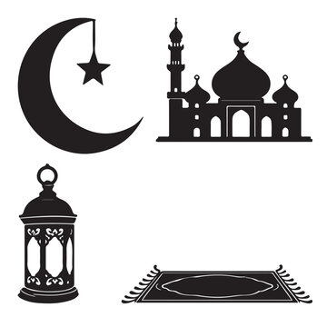 Mosque background prayer graphic Muslim man and lady mosque silhouette Islamic symbols vector