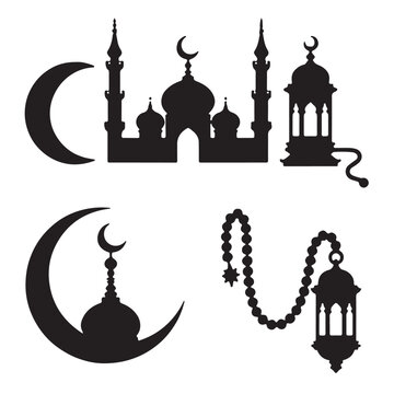 mosque silhouette with a lantern symbol. A symbol of a black mosque on a white backdrop.