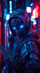 Fototapete - Cyberpunk ninja girl intricate robotic features and blue glowing eyes posed with a sword in hand amidst a dark neonlit alleyway