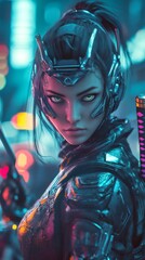Poster - Cyborg warrior ninja girl a fierce expression katana in hand metallic armor reflecting neon lights battling enemies in a dystopian city