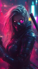 Poster - Cyborg warrior ninja girl a fierce expression katana in hand metallic armor reflecting neon lights battling enemies in a dystopian city