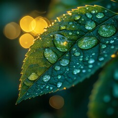 Poster - Detailed macro image of leaf with radiant water droplets sparkling in the morning sun each droplet reflecting a stunning round bokeh effect set against a soft blurred background
