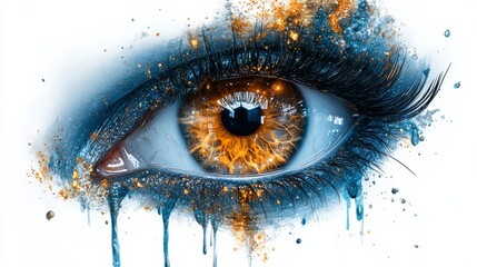 Fototapete - A Captivating Gaze: An Artistic Eye with Golden Sparks and Fluid Blues, Where Beauty Meets Abstraction in a Symphony of Color and Light, Creating a Visually Stunning and Evocative Image