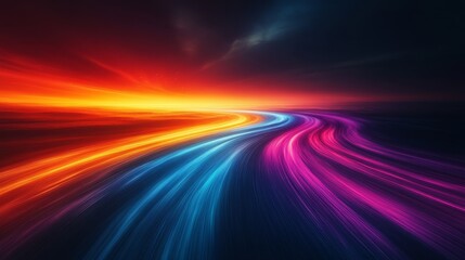 Fototapete - Abstract Color Flow: Dynamic Light Trails at Dusk, A Vivid Spectrum of Energy Cascading Across the Horizon in Mesmerizing Patterns.