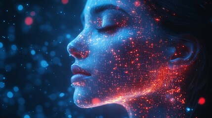 Poster - Futuristic AI: Woman's Face Illuminated with Circuitry and Light, Representing Advanced Technology and the Convergence of Humanity and Artificial Intelligence.