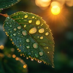 Poster - Detailed macro image of leaf with radiant water droplets sparkling in the morning sun each droplet reflecting a stunning round bokeh effect set against a soft blurred background