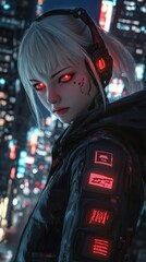 Fototapete - Futuristic 3D anime girl mechanical limbs and glowing red eyes wearing a cyberpunk jacket standing in front of a towering digital cityscape