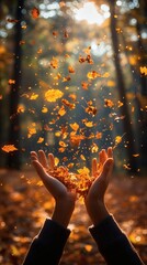 Poster - Hands joyfully tossing colorful autumn leaves into air creating a lively scene with sunlight shimmering through the leaves showcasing the beauty and movement of fall foliage