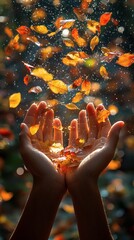 Poster - Hands throwing cascade of multicolored leaves into the air with sunlight filtering through the leaves highlighting the playful and lively essence of autumn captured in high detail