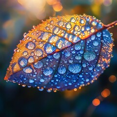 Poster - Highdetail macro shot of leaf covered in water drops each droplet reflecting sunlight and forming a round shimmering bokeh effect creating an enchanting and fresh outdoor look