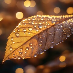 Poster - Highdetail macro shot of leaf covered in water drops each droplet reflecting sunlight and forming a round shimmering bokeh effect creating an enchanting and fresh outdoor look