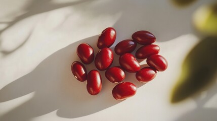 Fototapete - A handful of plump red bean seeds placed neatly on a clean white surface, showing their vibrant color and distinct shape, with soft lighting accentuating their details.