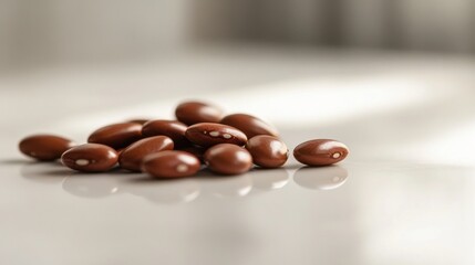 Fototapete - A handful of plump red bean seeds placed neatly on a clean white surface, showing their vibrant color and distinct shape, with soft lighting accentuating their details.