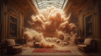 Fototapete - Intense dust cloud moving through space resembling a sandstorm adding dramatic effect to opulent furnishings