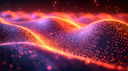 Wall Mural - Abstract Orange Purple Particle Wave Digital Art Background Design Dark Shiny Bokeh Light Color     