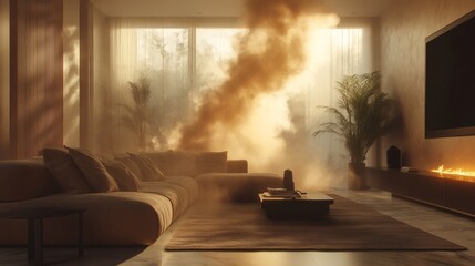 Fototapete - Intense dust cloud rising resembling a sandstorm interacting with sleek furniture and glowing accents