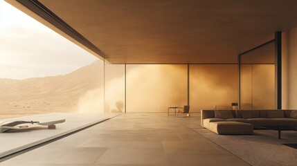 Poster - Intense dust cloud rising the ground resembling a sandstorm in the desert enveloping sleek furniture and minimalist decor