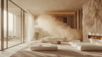 Poster - Intense dust cloud rising the ground resembling a sandstorm in the desert enveloping sleek furniture and minimalist decor