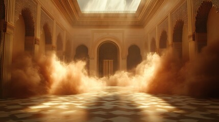 Fototapete - Intense dust cloud rising the floor creating a sandstorm effect that contrasts with elegant geometric patterns and rich colors