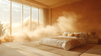 Fototapete - Intense dust cloud swirling around contemporary bed creating a sandstorm effect that blends with clean lines