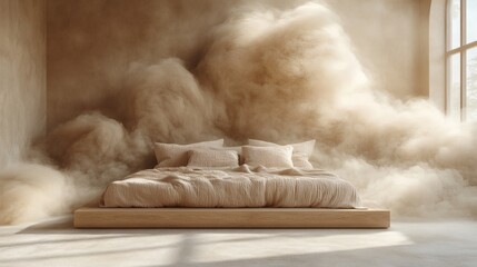 Poster - Intense dust cloud swirling around contemporary bed creating a sandstorm effect that blends with clean lines