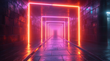 Wall Mural - Neon Glowing Tunnel Pink Orange Retro Futuristic SciFi Corridor Virtual Reality Digital Art         