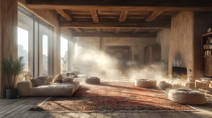 Fototapete - Intense dust cloud swirling through wooden beams creating sandstorm effect amidst traditional furnishings