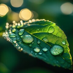 Poster - Macro view of water droplets a vibrant green leaf with each droplet catching the sunlight and creating a beautiful round bokeh effect adding a touch of elegance and freshness to the scene