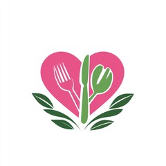 Wall Mural - Heart-shaped logo, fork, knife, tulip, healthy eating, vector illustration