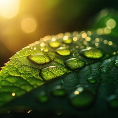Poster - Macro view of water droplets a vibrant green leaf with each droplet catching the sunlight and creating a beautiful round bokeh effect adding a touch of elegance and freshness to the scene