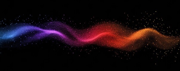Poster - Colorful wave of glittering particles on black background, artistic abstract design. creativity and imagination concept
