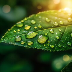 Poster - Macro view of water droplets a vibrant green leaf with each droplet catching the sunlight and creating a beautiful round bokeh effect adding a touch of elegance and freshness to the scene