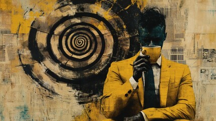 Poster - Modern art collage showing man in a sharp yellow suit drinking coffee his face a swirling spiral pattern Abstract shapes and faded text create an energetic textured backdrop