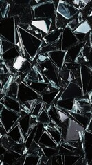 Poster - Shattered glass pieces forming mosaic pattern on a solid black wallpaper background The reflective shards catch glimmers of light showcasing the intricate texture of broken glass artfully arranged