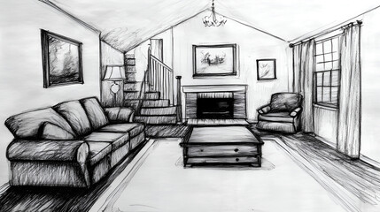 sketch of room decoration in development interior of house, room decoration in plan