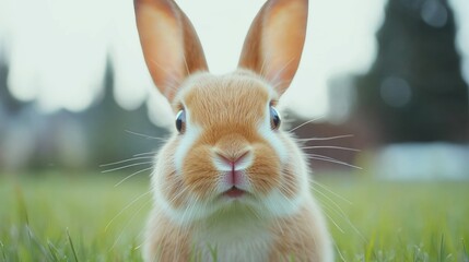 Wall Mural - Cute bunny in garden, springtime, blurred background, pet
