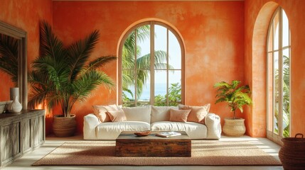 Poster - Beachinspired living room with sunsetcolored walls vintage wooden furniture and palm tree motifs scattered across the room enhanced by vibrant textures and tropical patterns in warm summer tones