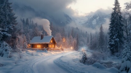 Fototapete - Cozy wooden cabin nestled in a winter wonderland with smoke gently rising from the chimney and warm light spilling out from the windows