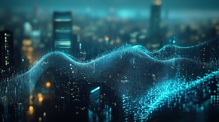 Poster - cityscape data wave, night, abstract, futuristic tech
