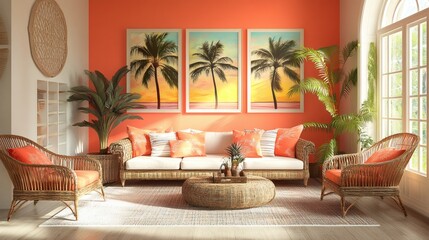 Poster - Vibrant living room interior inspired a summer collage with palm trees painted on walls in sunset hues tropical decor rattan furniture and bright colors blending vintage charm and modern coastal vibes