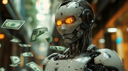 Poster - Ai humanoid robot money flowing all around him