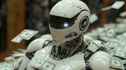 Poster - Ai humanoid robot money flowing all around him