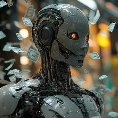 Poster - Ai humanoid robot money flowing all around him