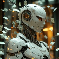 Poster - Ai humanoid robot money flowing all around him