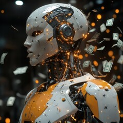 Poster - Ai humanoid robot money flowing all around him